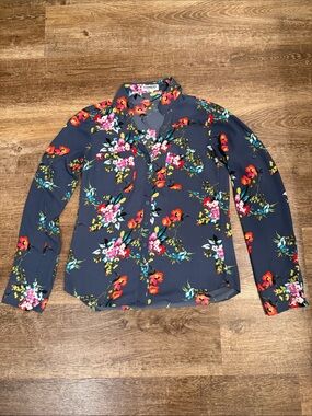 Express Navy Floral Button-Up Blouse with Red & Pink Blooms